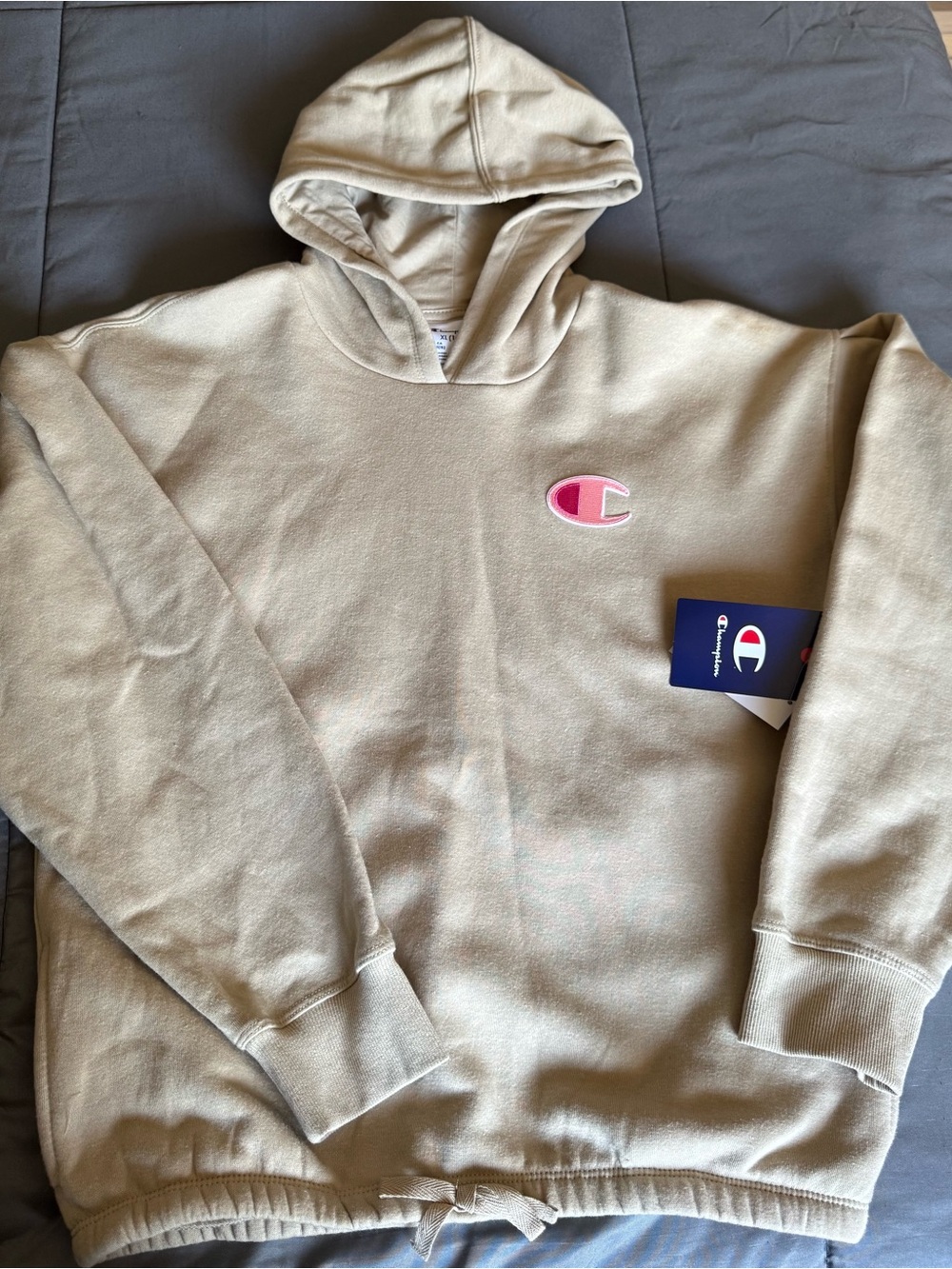 NEW Champion Beige Hooded Sweatshirt with Pink Logo